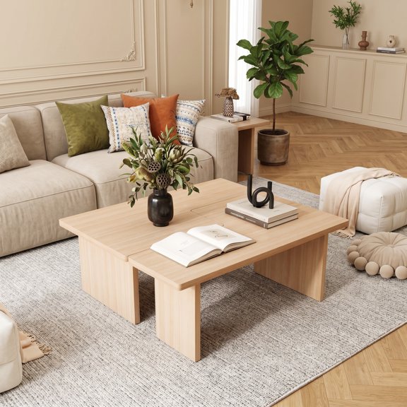 Modular Coffee Table Set of , Modern Design L Shaped Center Tables with Compact Side Table Option,Oak