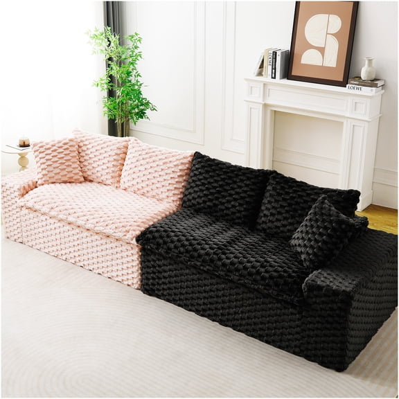 Modular Color-Block Velvet Sofa Set, Pink and Black Sectional Couch with Pillows, Customizable Arrangement for Living Room, Apartment