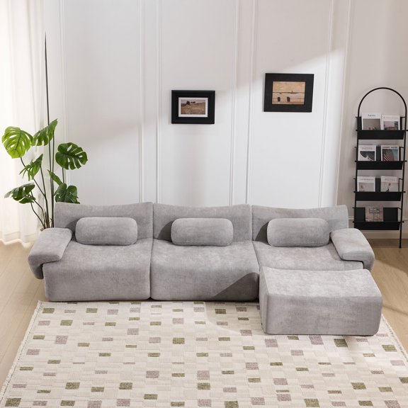 Modular Combination, Bamboo Joint Shape, Armchair, Extra-Large Compression & 3+1 Seater Chenille Deep-Seat (with 3 Pillows) All Fit Living Room/Bedroom (Gray)