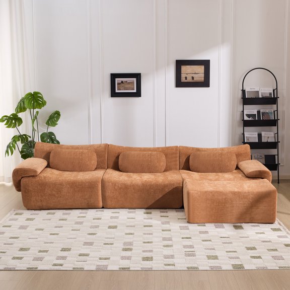 Modular Combination, Bamboo Joint Shape, Armchair, Extra-Large Compression & 3+1 Seater Chenille Deep-Seat (with 3 Pillows) All Fit Living Room/Bedroom (Orange)