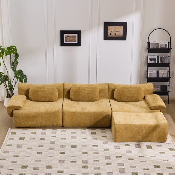 Modular Combination, Bamboo Joint Shape, Armchair, Extra-Large Compression & 3+1 Seater Chenille Deep-Seat (with 3 Pillows) All Fit Living Room/Bedroom (Yellow)