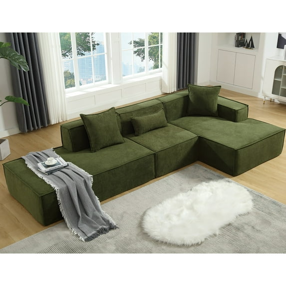 Modular Combination Living Room Sofa Set, Modern Minimalist Sofa, Free Installation Sofa, L-Shaped, Minimalist Tofu Block Sofa, Right-Hand Facing,Terrycloth Fabric (Green)
