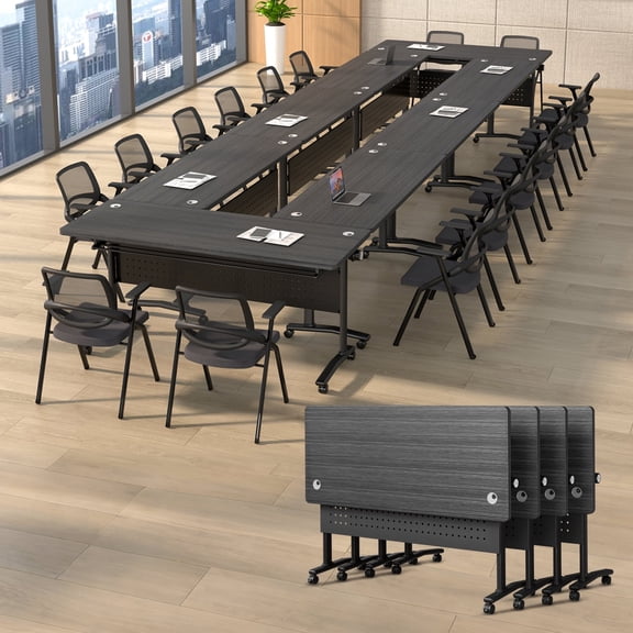 Modular Conference Room Tables, 4 Pack Folding Conference Tables Mobile Meeting Training Table for Office, Modern Foldable Rolling Seminar Desk(55.1in,Black)