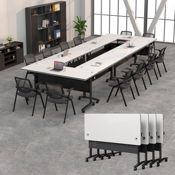 Modular Conference Room Tables, 4 Pack Folding Conference Tables Mobile Meeting Training Table for Office, Modern Foldable Rolling Seminar Desk(55.1in,White)