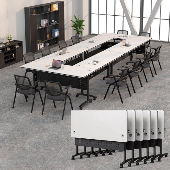 Modular Conference Room Tables, 6 Pack Folding Conference Tables Mobile Meeting Training Table for Office, Modern Foldable Rolling Seminar Desk(47.2in,White)