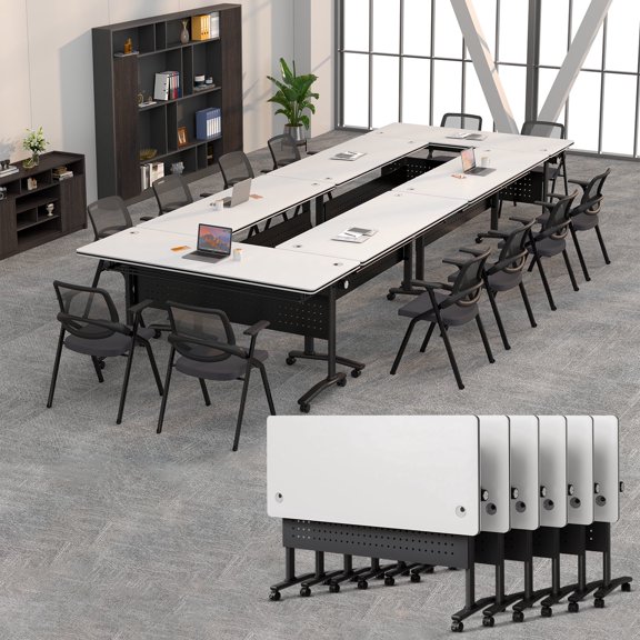 Modular Conference Room Tables, 6 Pack Folding Conference Tables Mobile Meeting Training Table for Office, Modern Foldable Rolling Seminar Desk(55.1in,White)