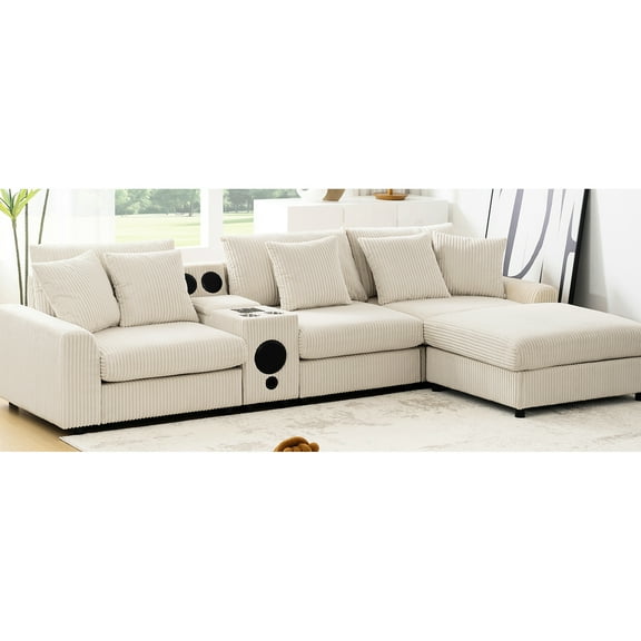 Modular Corduroy Sectional, Console, Charging Ports, Cup Holders, Storage, Cream L Shaped With Speakers,