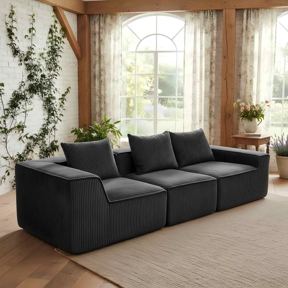 Modular Corduroy Sectional Sofa, 3-Seat All-Foam Compressed Couch, Deep Seating Low-Profile, Dark Gray, 111.4" W x 40.7" D x 23.6" H. 33005-3