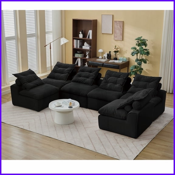 Modular Corduroy Sofa 6-Seat Armrest-Free DIY Design Black Upholstered with Neck & Lumbar Pillows for Small Spaces