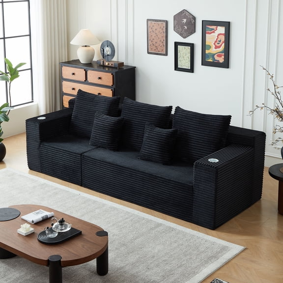 Modular Deep Seat Corduroy Sectional Sofa with Built-In Cup Holders & No Assembly Required - Reconfigurable for Modern Living Spaces
