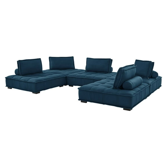 Modular Deep Tufted Sectional Sofa Set, Azure Navy Blue, Fabric, Modern Contemporary French Country, Living Lounge Cafe Room Hotel Lobby Hospitality