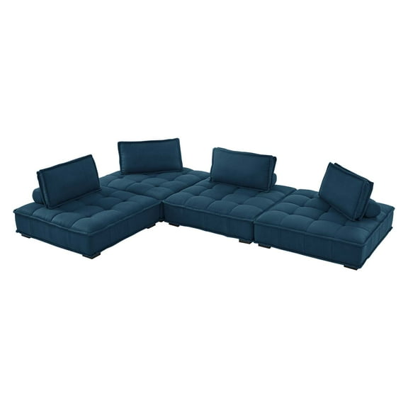 Modular Deep Tufted Sectional Sofa Set, Azure Navy Blue, Fabric, Modern Contemporary French Country, Living Lounge Cafe Room Hotel Lobby Hospitality