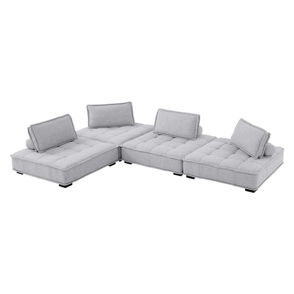 Modular Deep Tufted Sectional Sofa Set, Grey Gray, Fabric, Modern Contemporary French Country, Living Lounge Cafe Room Hotel Lobby Hospitality