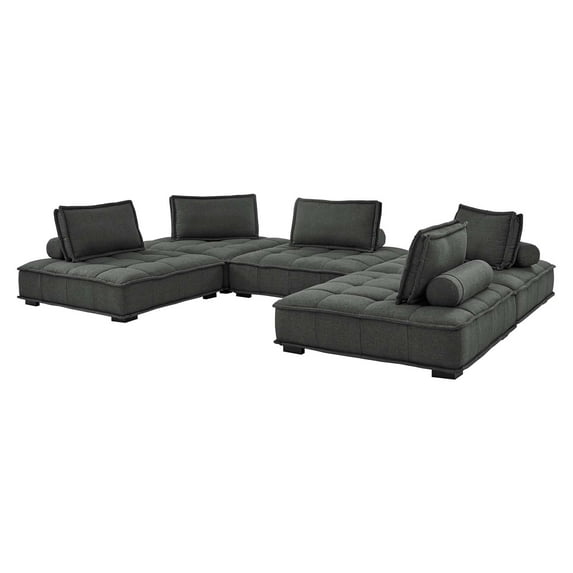 Modular Deep Tufted Sectional Sofa Set, Grey Gray, Fabric, Modern Contemporary French Country, Living Lounge Cafe Room Hotel Lobby Hospitality