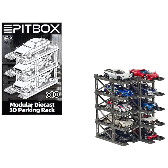 Modular Diecast 3D Parking Rack Display Stand Set of 10 Racks for 1/64 Scale Model Cars by Pitbox