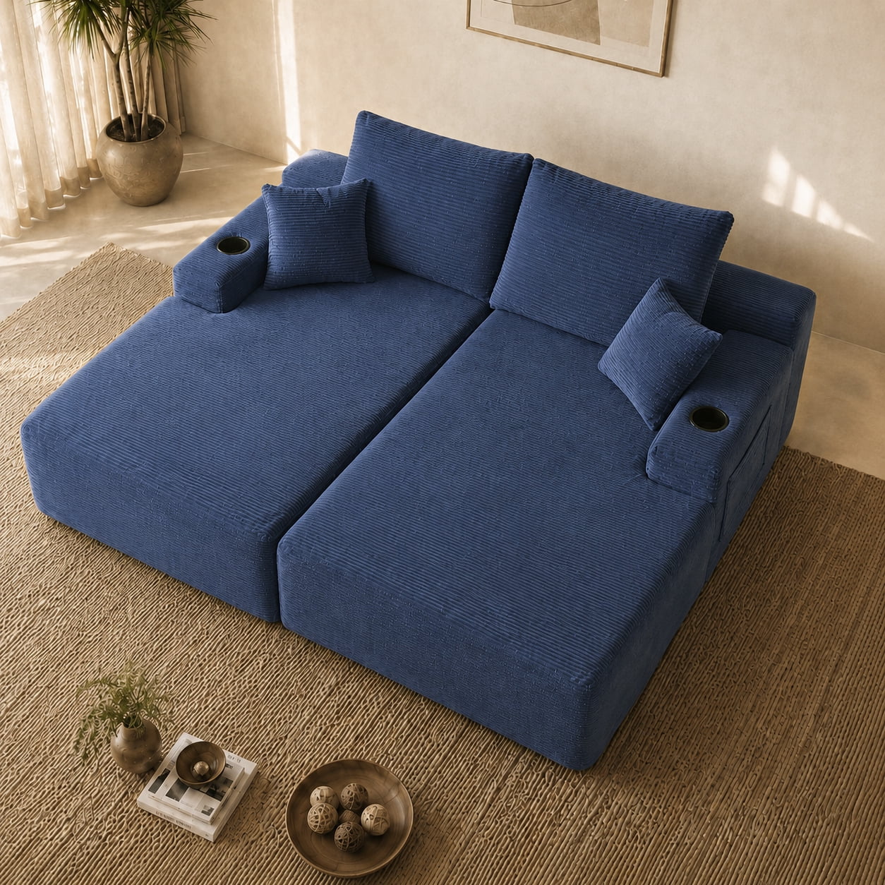 Modular Double Chaise Lounge Chair Indoor, 69" Slim Striped Corduroy Couch Set with Cup Holders & Storage Pockets for Living Room Home Theater, Blue