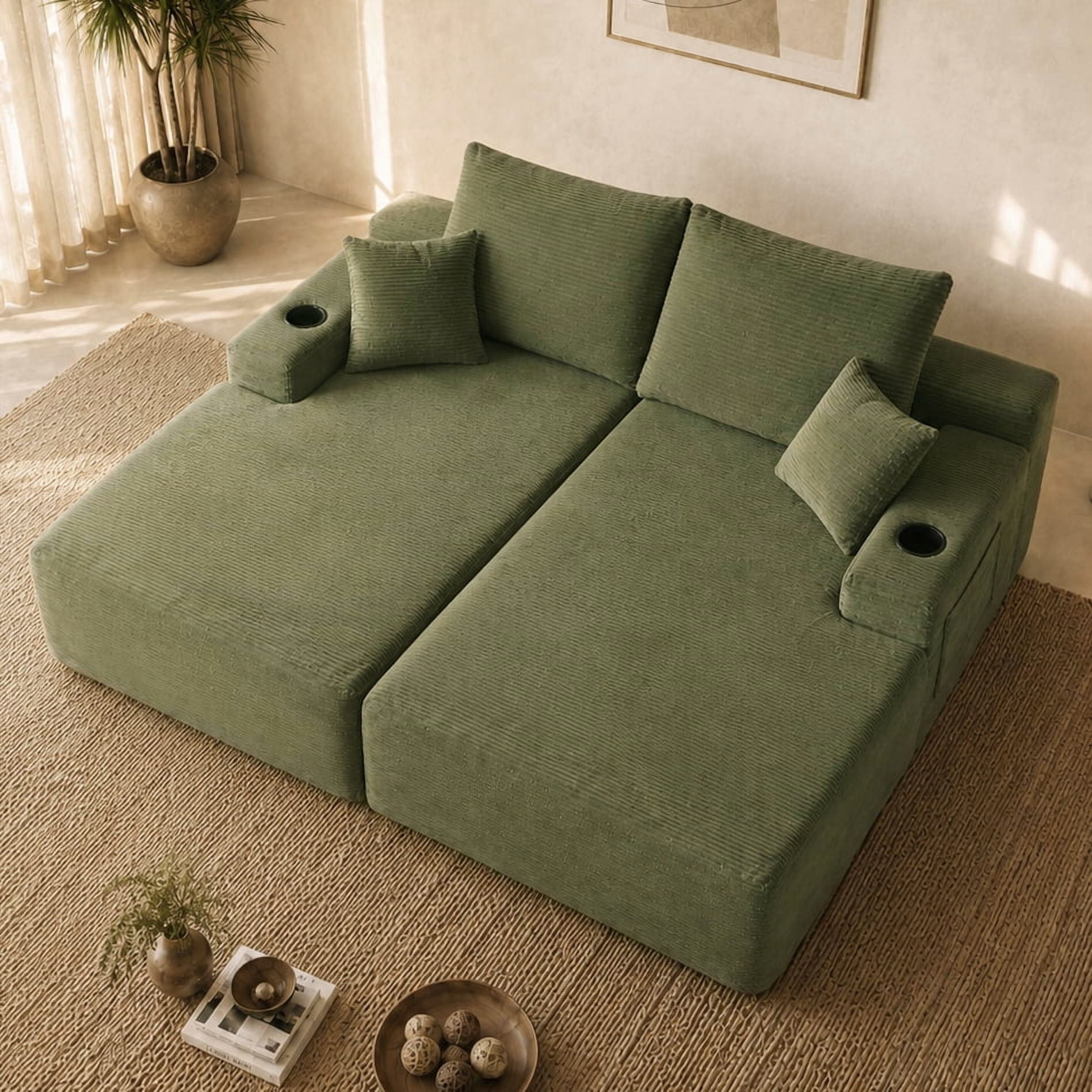 Modular Double Chaise Lounge Chair Indoor, 69" Slim Striped Corduroy Couch Set with Cup Holders & Storage Pockets for Living Room Home Theater, Green