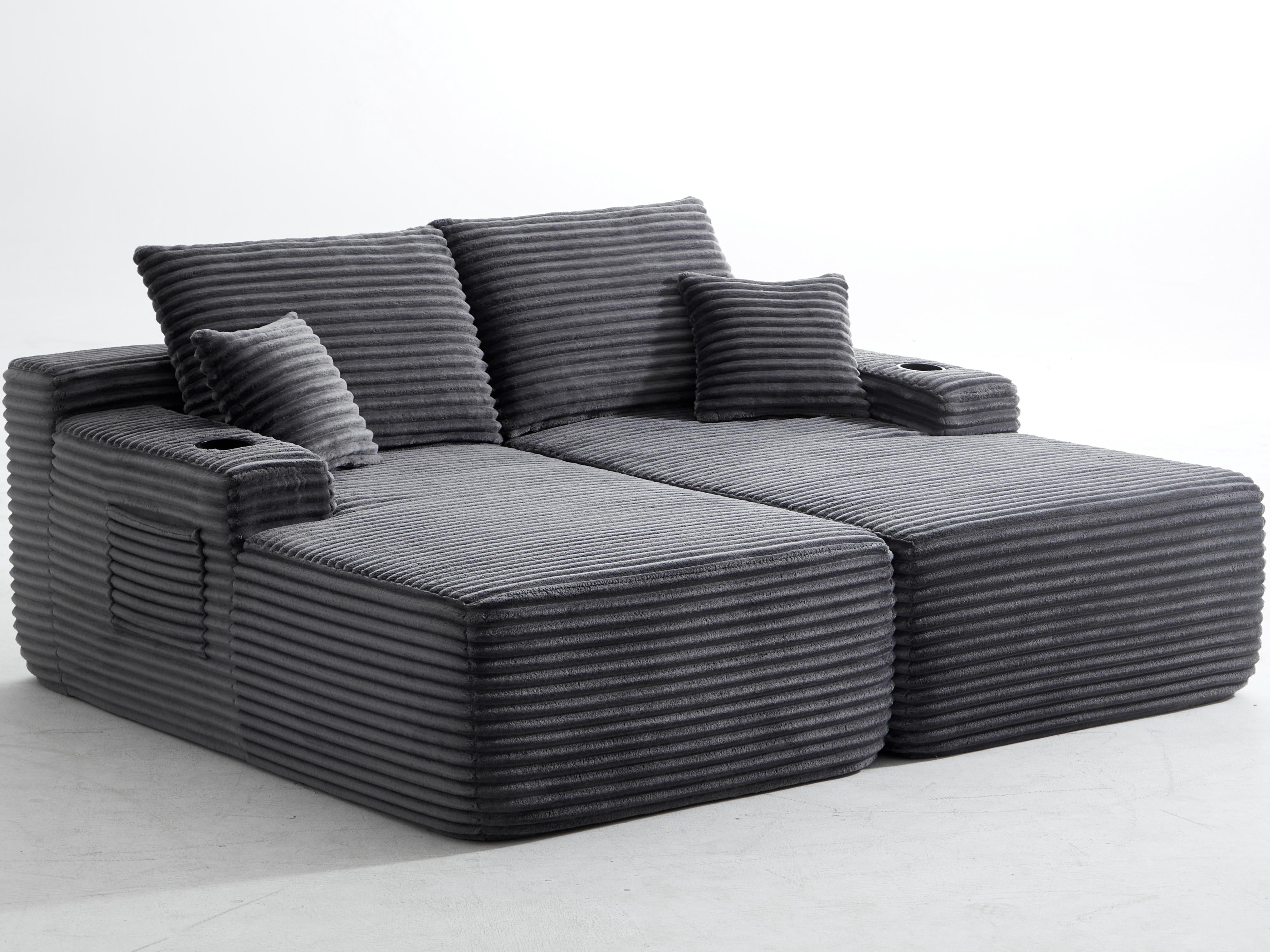 Modular Double Chaise Lounge Chair Indoor, 69" Wide Striped Corduroy Couch Set with Cup Holders & Storage Pockets for Living Room Home Theater, Dark Gray