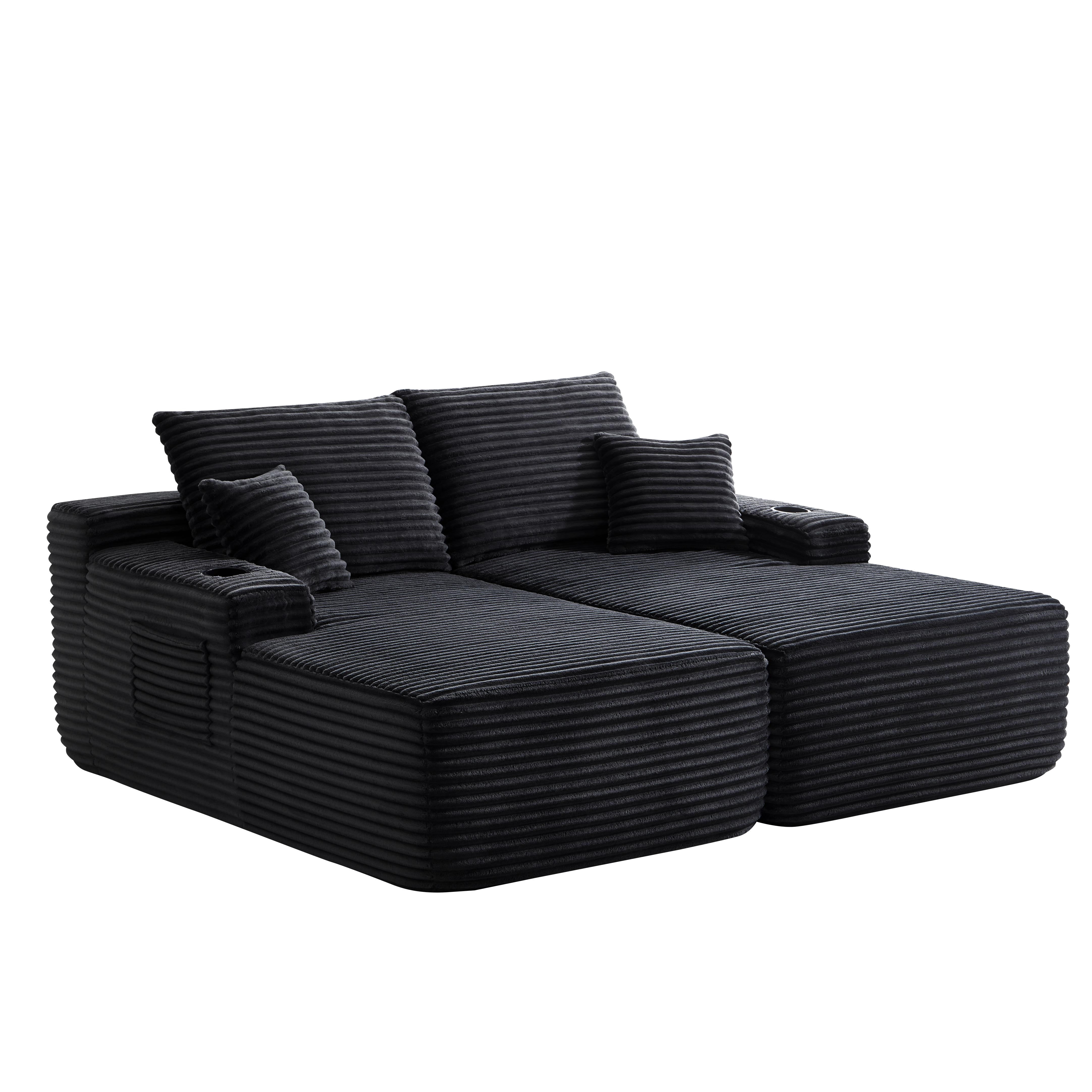 Modular Double Chaise Lounge Chair Indoor, 69" Wide Striped Corduroy Couch Set with Cup Holders & Storage Pockets for Living Room Home Theater, Black