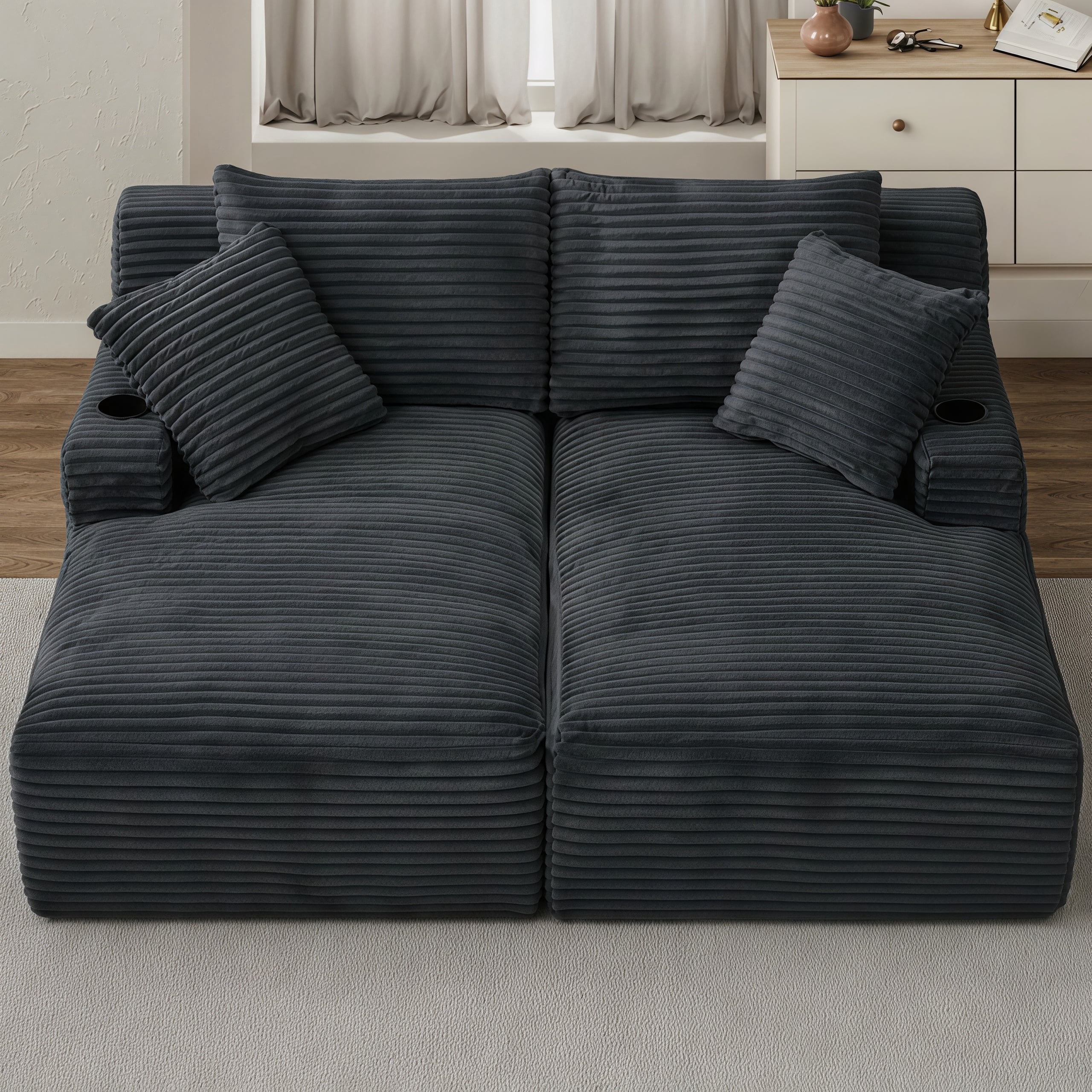 Modular Double Chaise Lounge Chair Indoor, 71" Wide Striped Corduroy