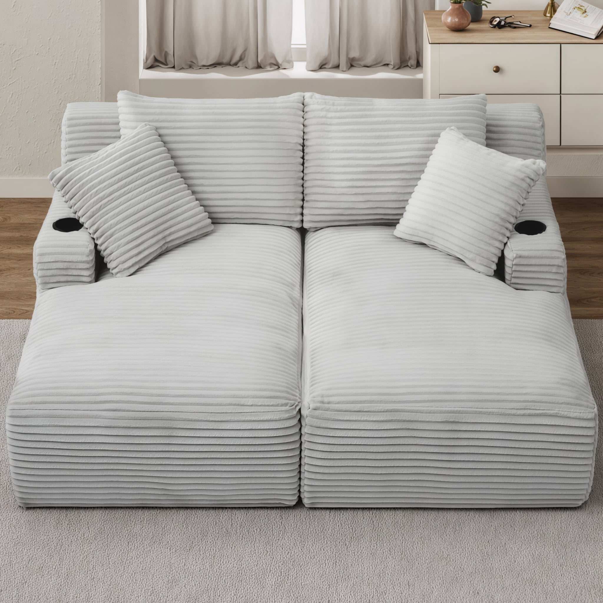 Modular Double Chaise Lounge Chair Indoor, 71" Wide Striped Corduroy Couch Set with Cup Holders & Storage Pockets for Living Room Home Theater, Light Gray