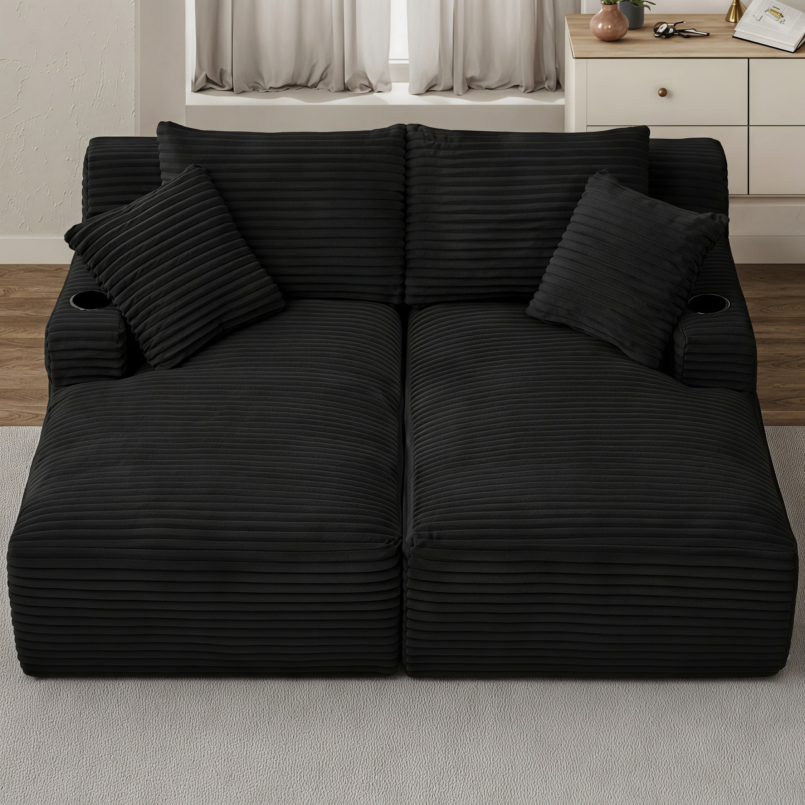 Modular Double Chaise Lounge Chair Indoor, 71" Wide Striped Corduroy Couch Set with Cup Holders & Storage Pockets for Living Room Home Theater, Black