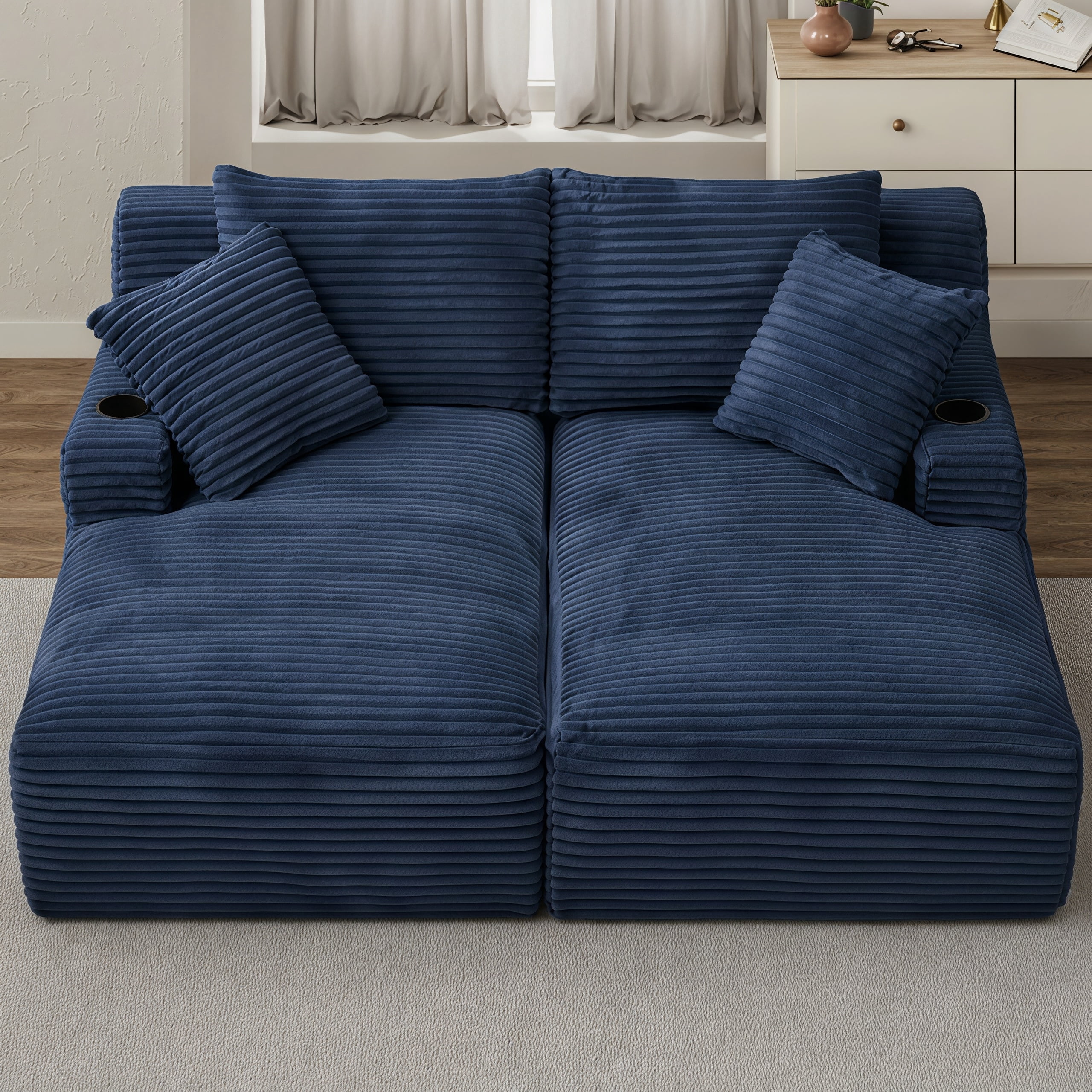 Modular Double Chaise Lounge Chair Indoor, 71" Wide Striped Corduroy Couch Set with Cup Holders & Storage Pockets for Living Room Home Theater, Blue