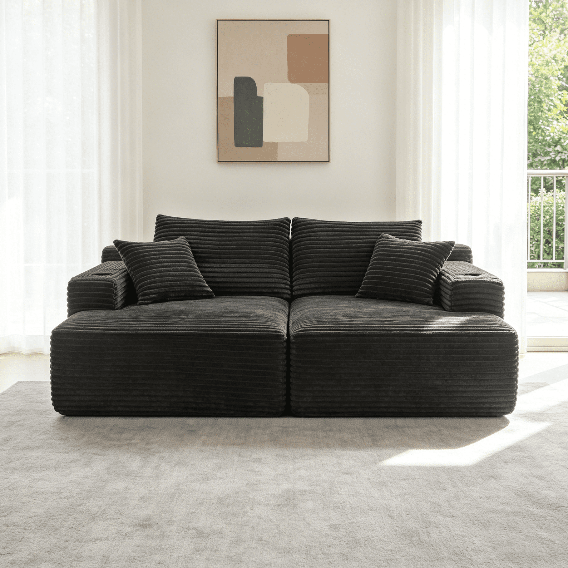 Modular Double Chaise Lounge Chair Indoor, 76" Wide Striped Corduroy Couch Set with Cup Holders & Storage Pockets for Living Room Home Theater, Dark Gray