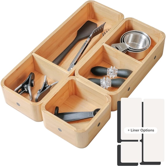 Modular Drawer Organizer Set Kitchen Edge Storage with 3 Containers & 5 Compartments, Magnetic with Removable Inserts, Stackable, Rubber Liners & Non-Slip Base, 9in x 13.5in x 2.4in, 100% Bamboo