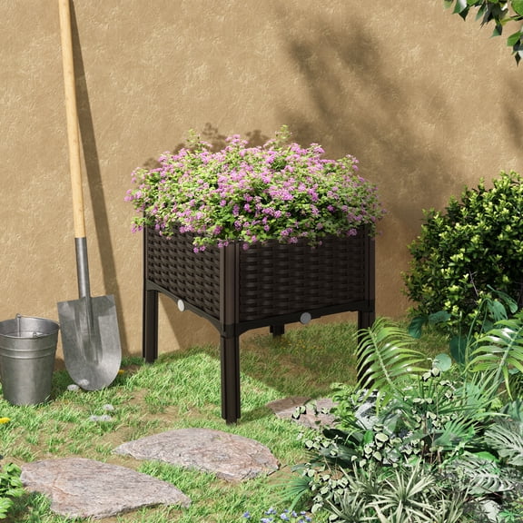 Modular Elevated Plastic Raised Planter Box, 15.75" Square Weather-Resistant Planter with Drainage Hole for Vegetables, Herbs & Flowers, Brown
