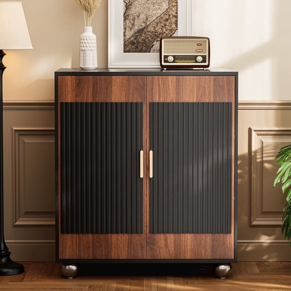 Modular Fluted Buffet Cabinet with Storage, 29" Mid Century Modern Accent Sideboard with Adjustable Shelves, Small Credenza Storage Cabinet Console Table for Dining Room Kitchen Living Room, Walnut