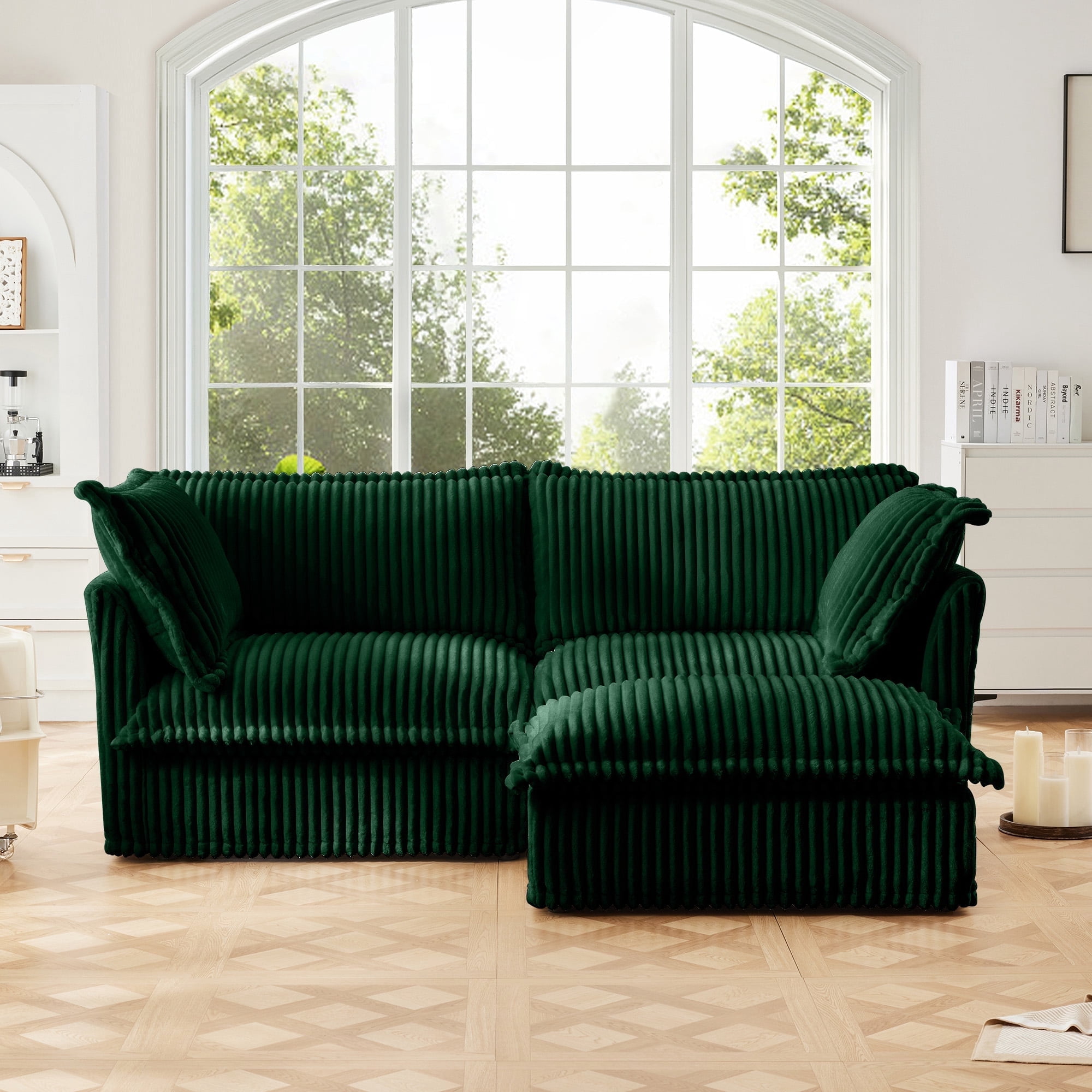 83.4"Corduroy Loveseat Sofa with Ottoman, Oversized 2-Seater Chaise Lounge for Living Room