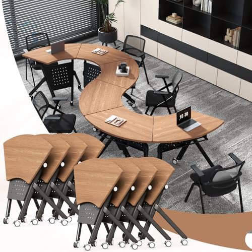 Modular Folding Conference Table with Wheels,Trapezoidal Flip Top Mobile Training Table for Office,Classroom,Seminar,2-12 People,Walnut