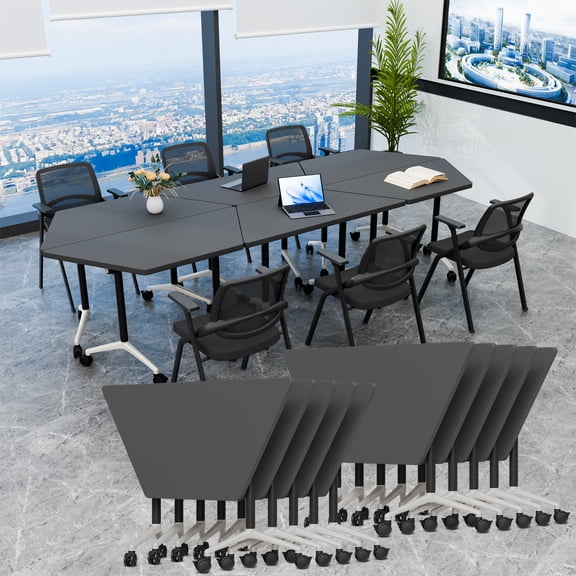 Modular Folding Trapezoid Conference Table with Locking Casters, Mobile Flip-Top Training Table for Meeting Room Classroom (Black 10 packs)