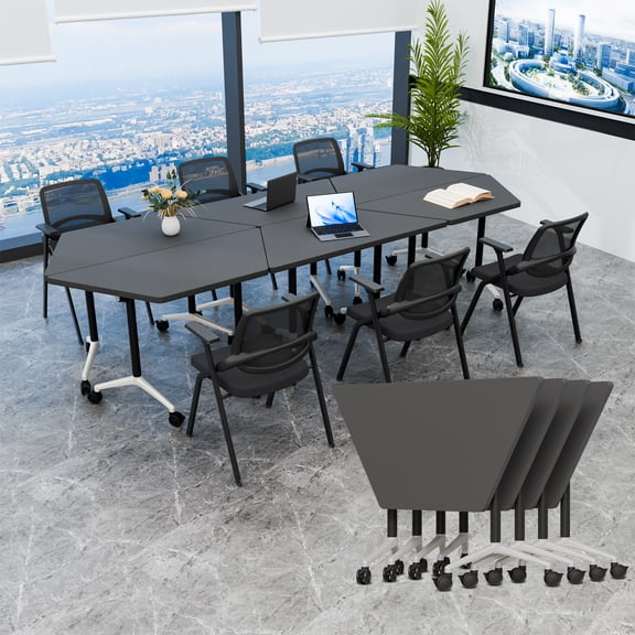 Modular Folding Trapezoid Conference Table with Locking Casters, Mobile Flip-Top Training Table for Meeting Room Classroom (Black 4 packs)