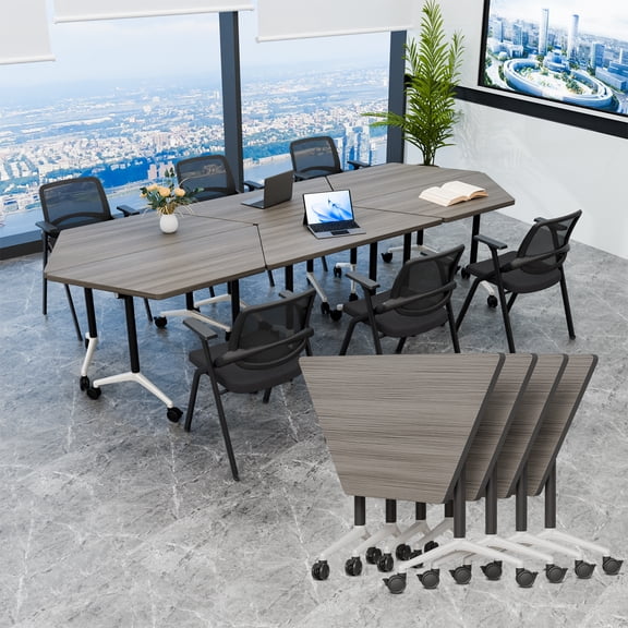 Modular Folding Trapezoid Conference Table with Locking Casters, Mobile Flip-Top Training Table for Meeting Room Classroom (Elm 4 packs)