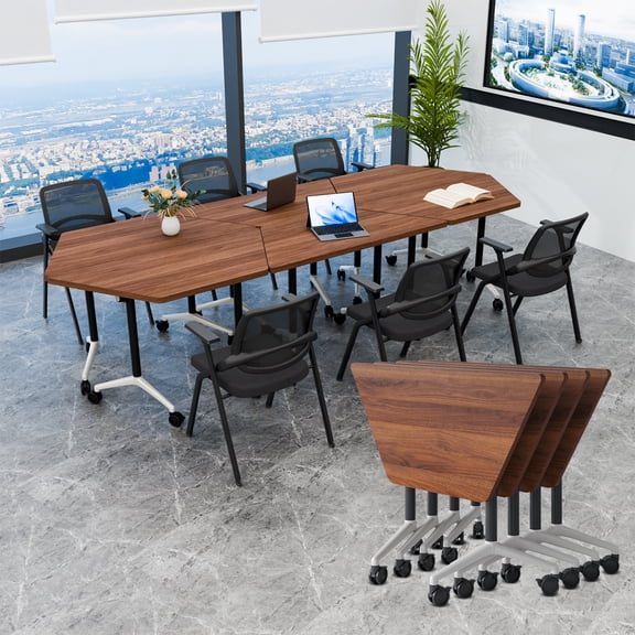Modular Folding Trapezoid Conference Table with Locking Casters, Mobile Flip-Top Training Table for Meeting Room Classroom (Walnut 4 packs)