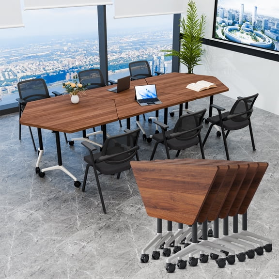 Modular Folding Trapezoid Conference Table with Locking Casters, Mobile Flip-Top Training Table for Meeting Room Classroom (Walnut 6 packs)