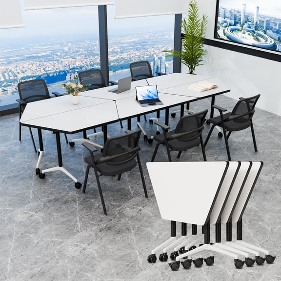 Modular Folding Trapezoid Conference Table with Locking Casters, Mobile Flip-Top Training Table for Meeting Room Classroom (White 4 packs)