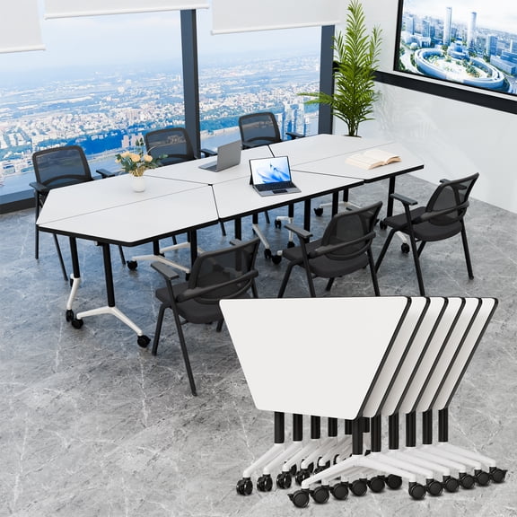 Modular Folding Trapezoid Conference Table with Locking Casters, Mobile Flip-Top Training Table for Meeting Room Classroom (White 6 packs)