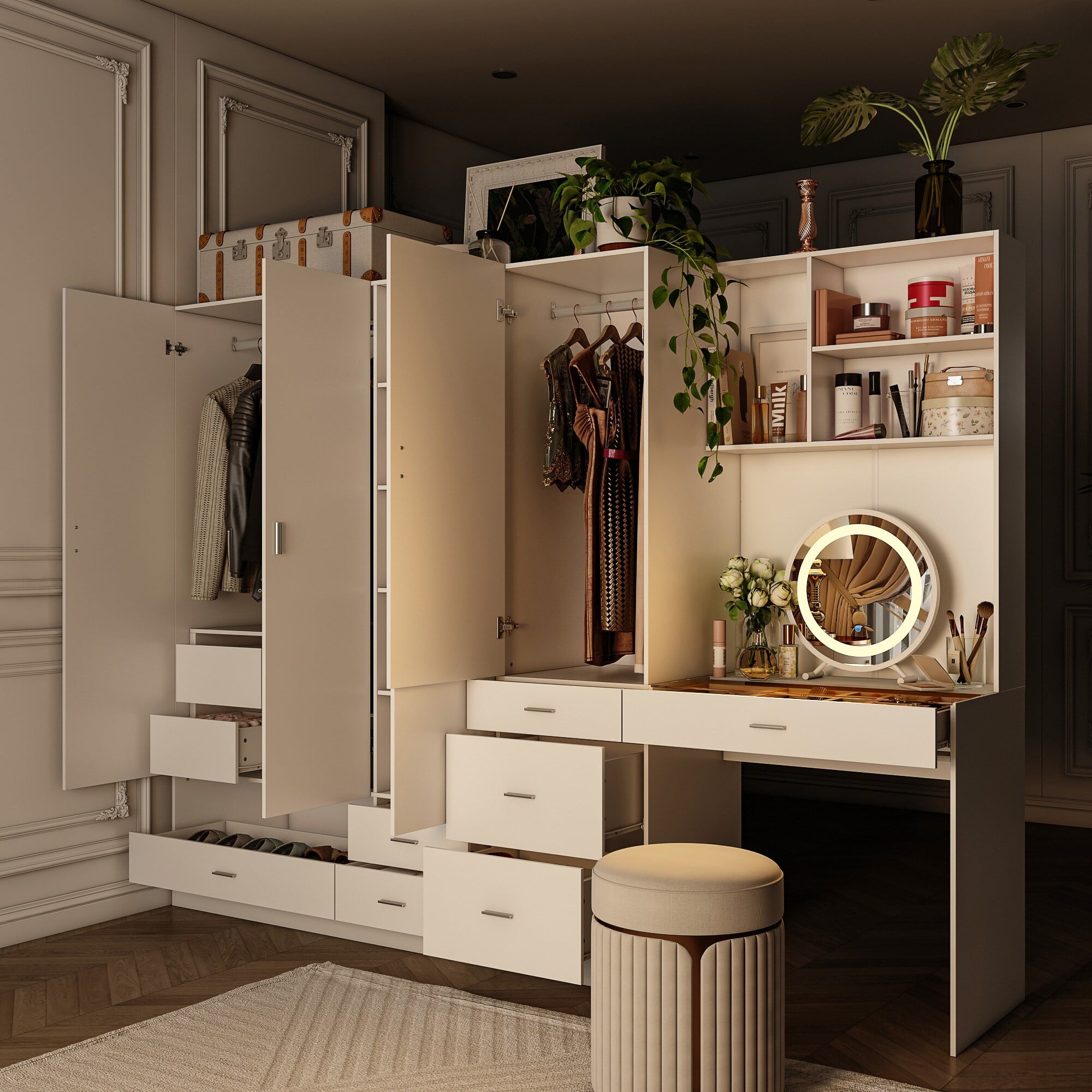 Modular Furniture Set Extensive Storage Space Makeup Vanity Closet