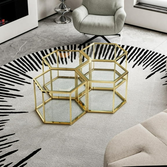 Modular Gold Stainless Steel Coffee Table Set – Interchangeable Hexagonal Glass End Tables for Living Room, Bedroom, or Lounge Spaces (Gold,4)