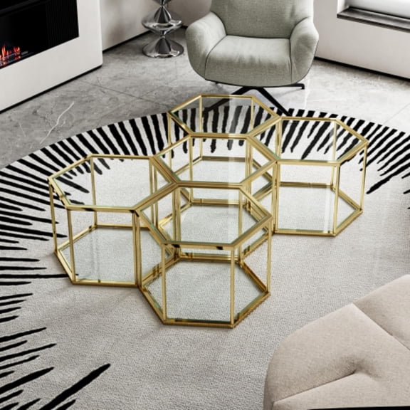 Modular Gold Stainless Steel Coffee Table Set – Interchangeable Hexagonal Glass End Tables for Living Room, Bedroom, or Lounge Spaces (Gold,5)