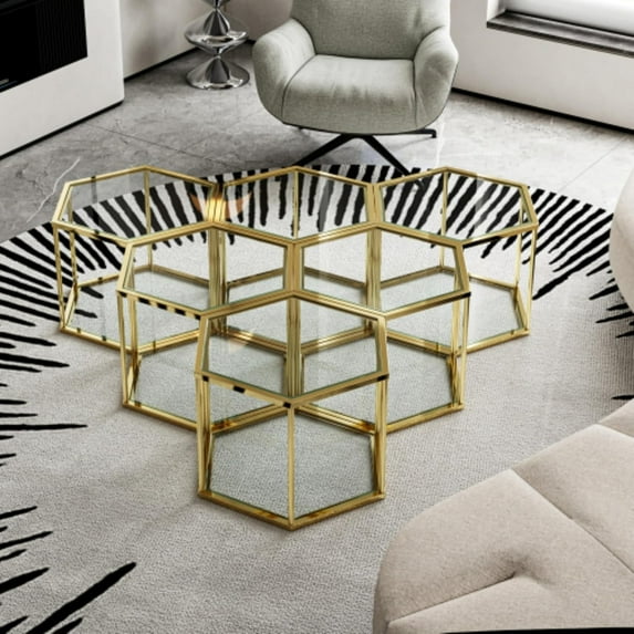 Modular Gold Stainless Steel Coffee Table Set – Interchangeable Hexagonal Glass End Tables for Living Room, Bedroom, or Lounge Spaces (Gold,6)