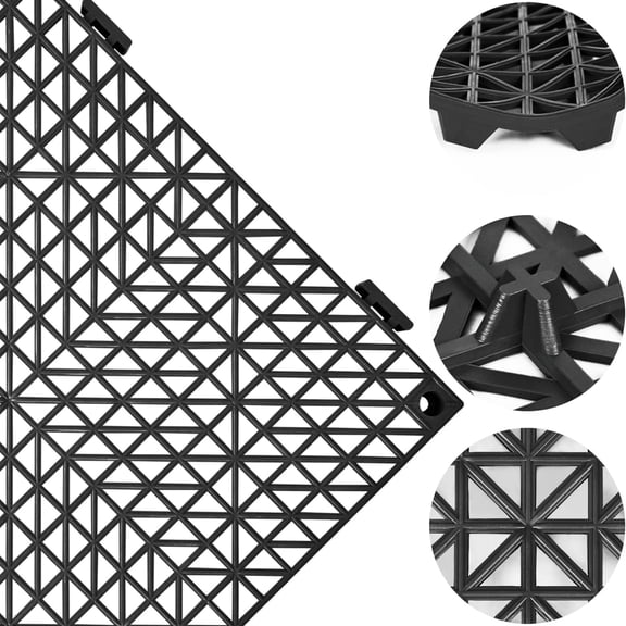 Modular Interlocking Cushion 18P 11.8" x 11.8" Interlocking Rubber Floor Drain Holes Non-Slip Splicing Drainage Mats for Deck, Shower, Kitchen, Drain Pool, Sauna Bath, Indoor Outdoor (Black)