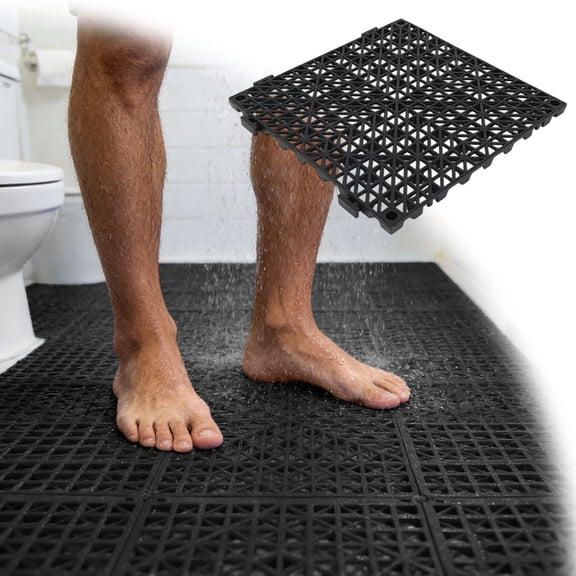 Modular Interlocking Cushion Rubber Floor Tiles, Non Splicing Drainage Mats with Holes for Deck Shower Kitchen Pool Sauna Bath Indoor Outdoor