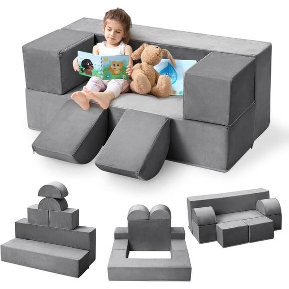 Modular Kids Couch Sofa for Toddlers and Kid's Foam Play Couch Convertible Soft Kids Sofa Set with Detachable Cushions for Reading Playing Sleeping in Bedroom or Playroom(Dark Grey)