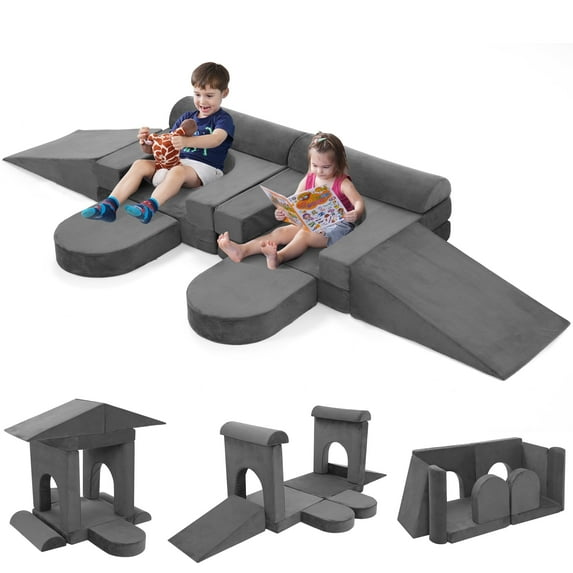 Modular Kids Play Couch 10PCS, 10 in 1 Multifunctional Kids Sofa for Playing Playroom Bedroom, Creativing, Sleeping, Indoor Toddler Couch for Boys and Girls,Gray