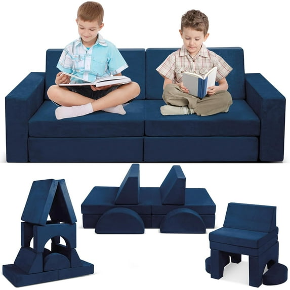 Modular Kids Play Couch, 10PCS Child Sectional Sofa Imaginative Furniture Play Set for Creative Kids, Toddler to Teen Bedroom Furniture, Girls and Boys Playroom Convertible Sofa, Blue