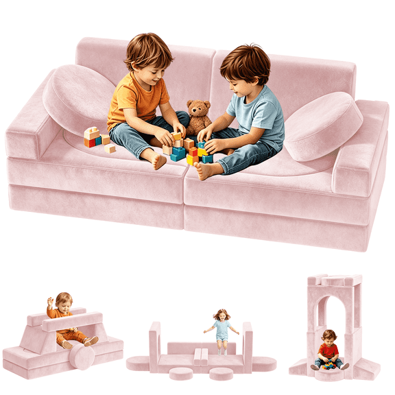 12 PCS Modular Kids Play Couch, Foam Toddler Sofa & Kids Couch Playset, Buildable Play Couch for Playroom, Living Room, Pink